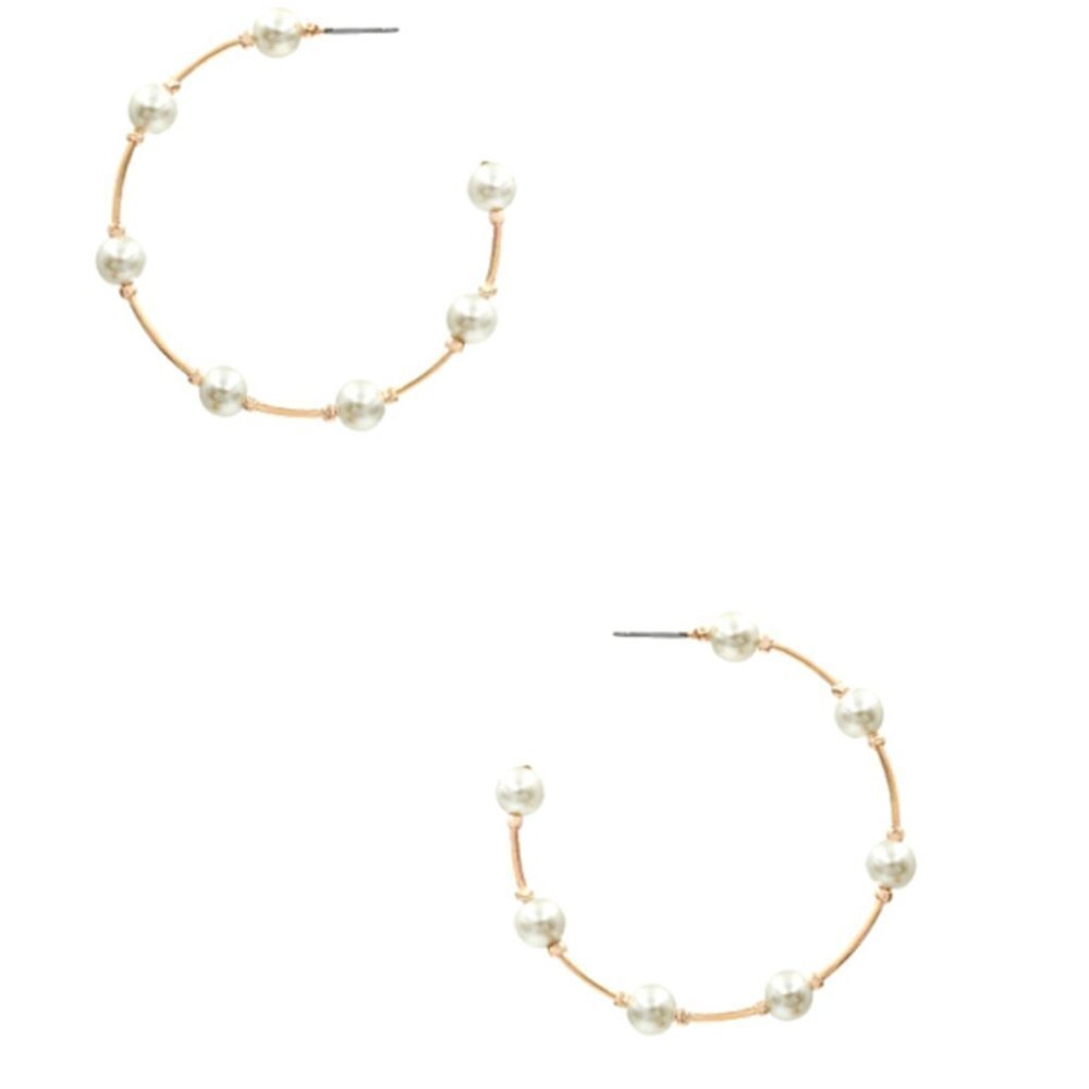 New 1.75-Inch Gold & Pearl Embellished Hoop Earrings